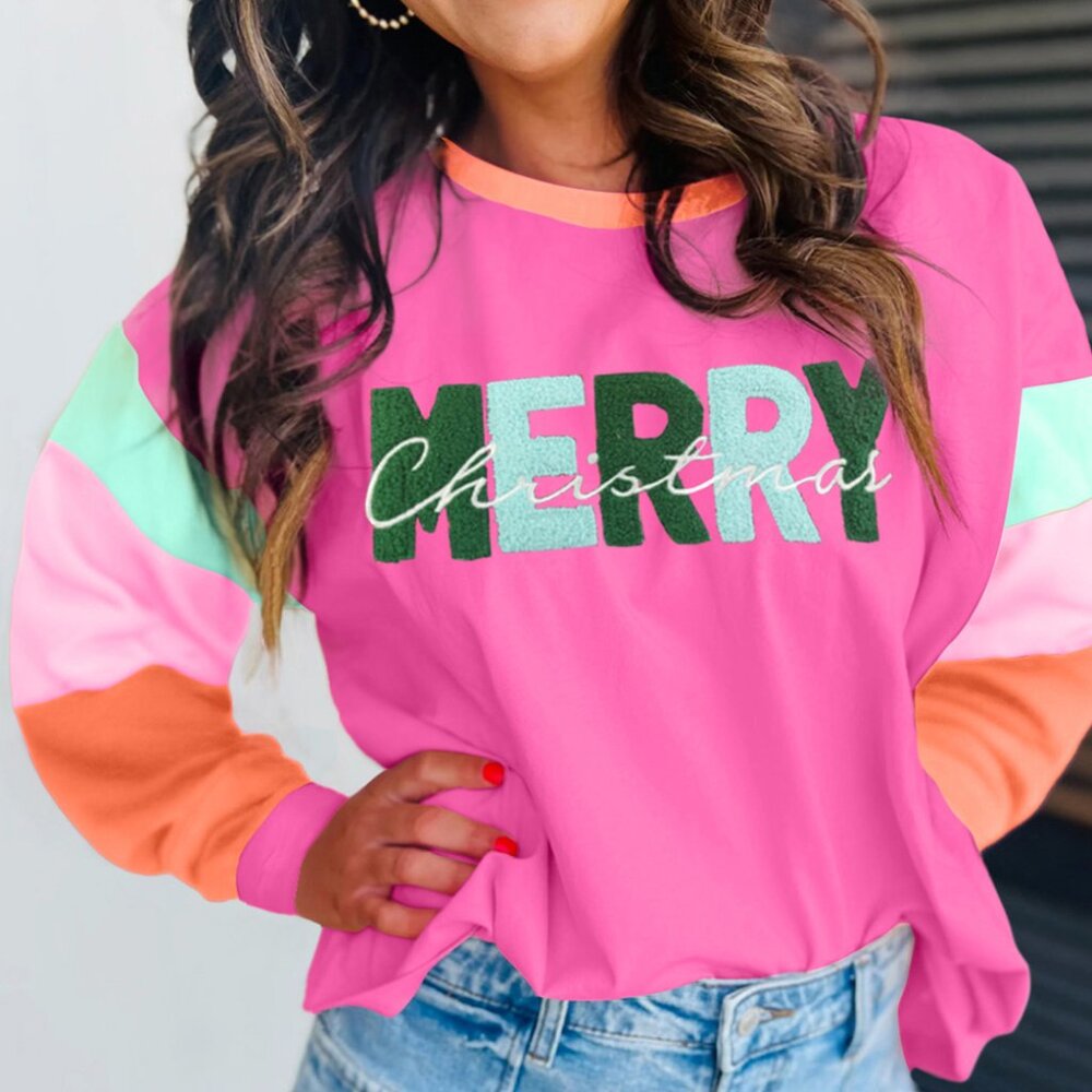 B232 Rose Chenille Merry Christmas Patched Colorblock  Long Sleeve